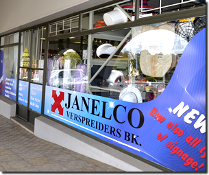 Janelco offers a wide range of Signage printing services in the Lowveld - Ehite River including sign boards , branding, and shop front signs and contra-vision window signs