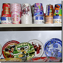 Party accessories, supplies, decorations, sweets, themed costumes and mascots and gifts and giftwraps and ribbons for weddings and parties